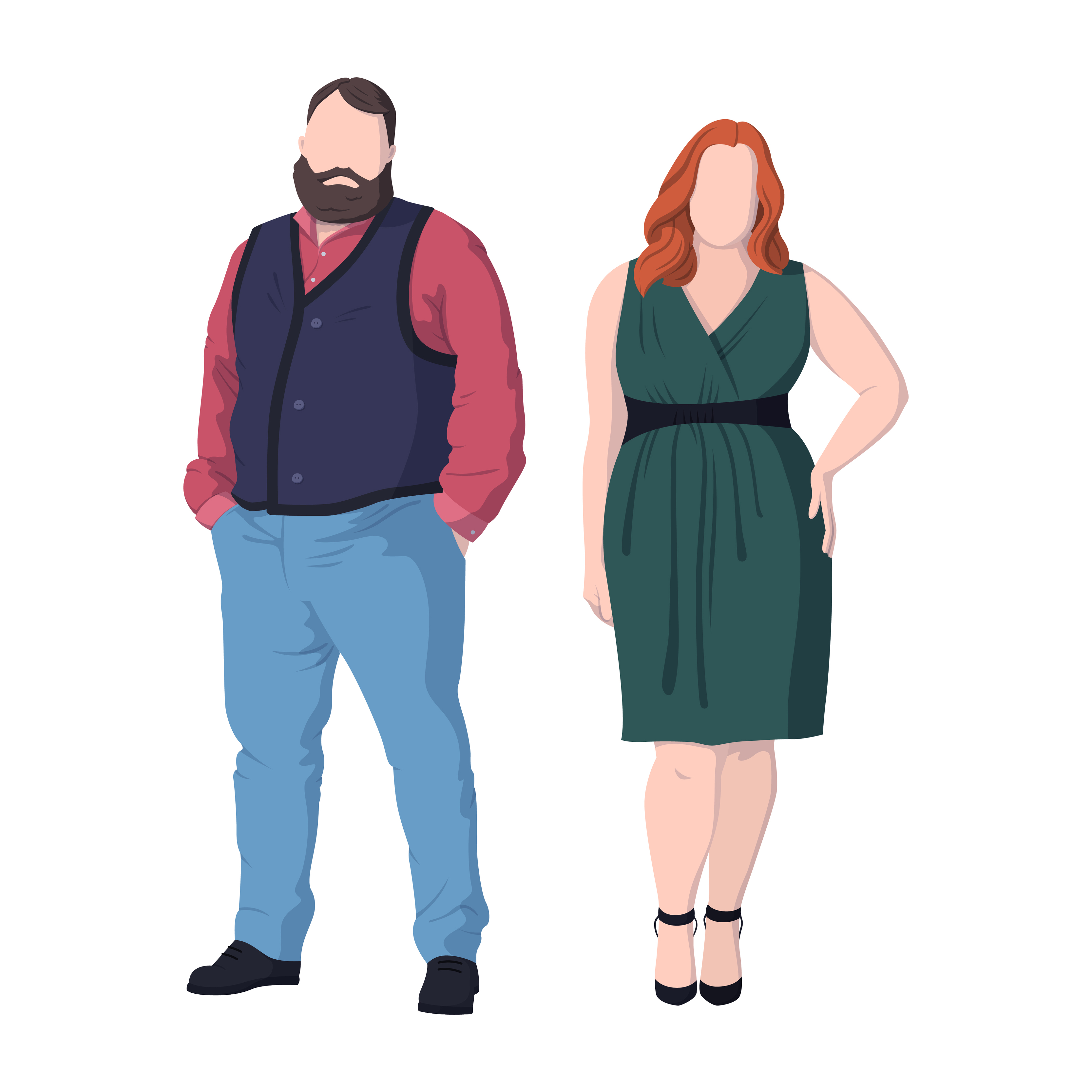 Overweight man and woman on white