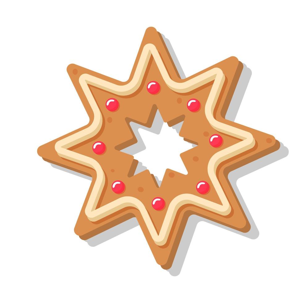 Christmas gingerbread snowflake. Sweet homemade glazed biscuit. vector