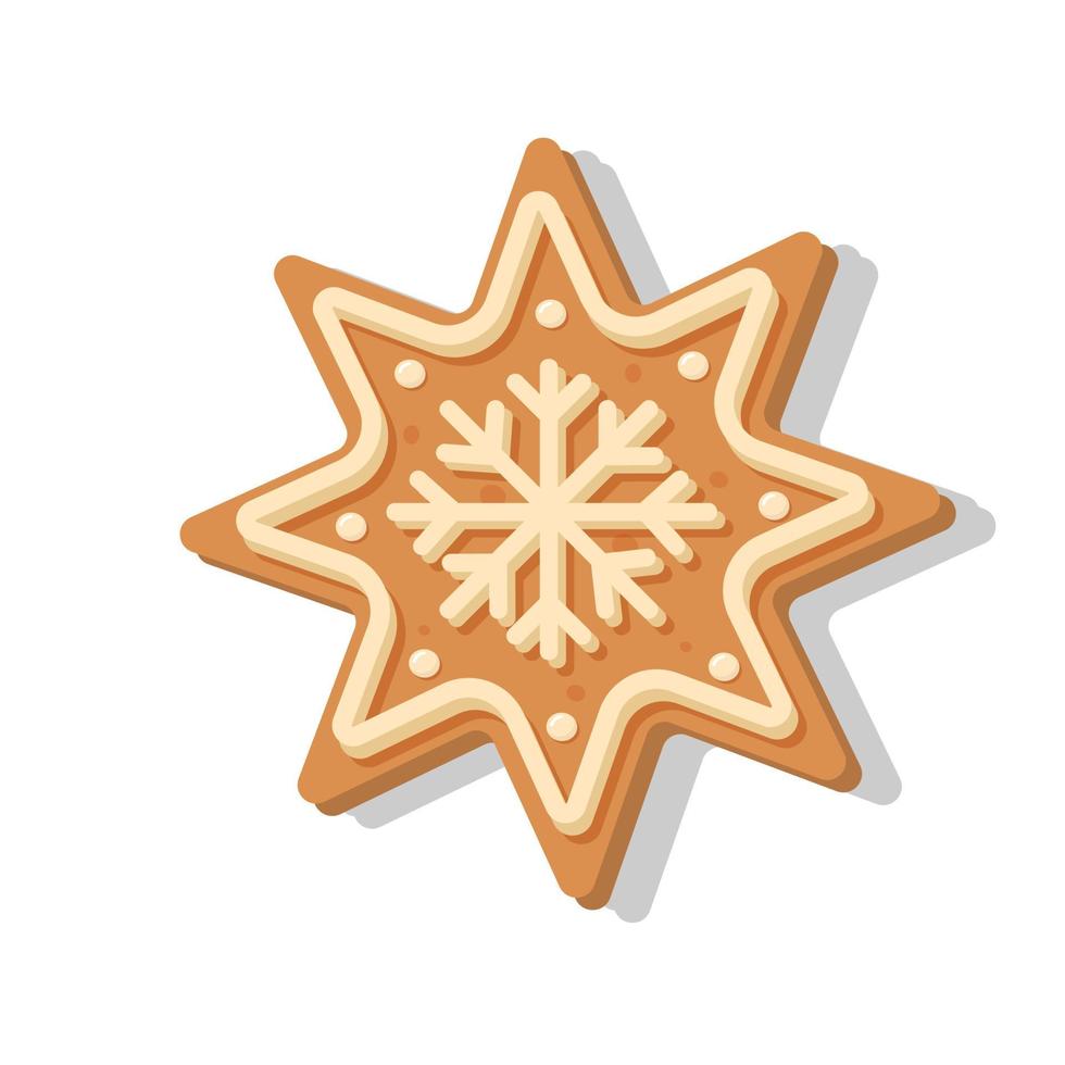 Christmas gingerbread snowflake. Sweet homemade glazed biscuit. vector