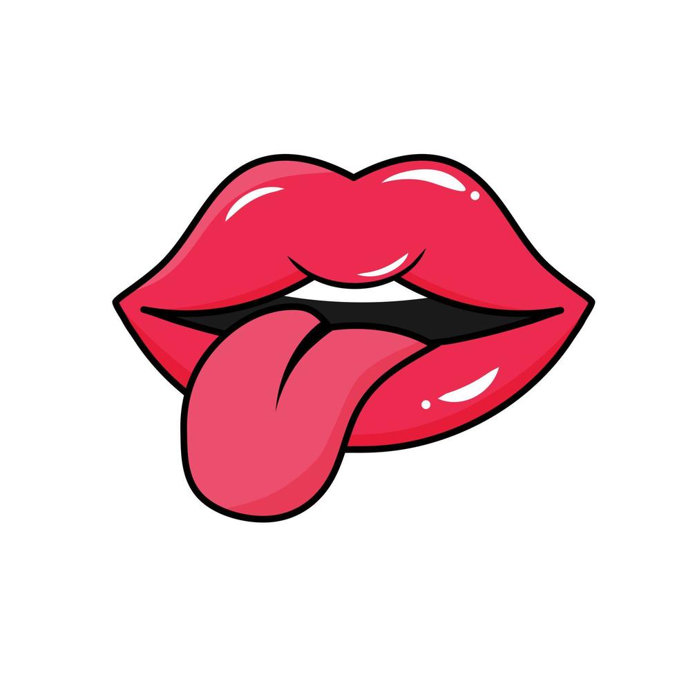 Glossy red woman lips with tongue. vector