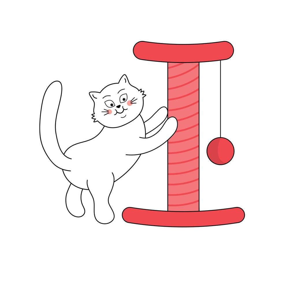 Cute white cat scratching a scratching post. vector