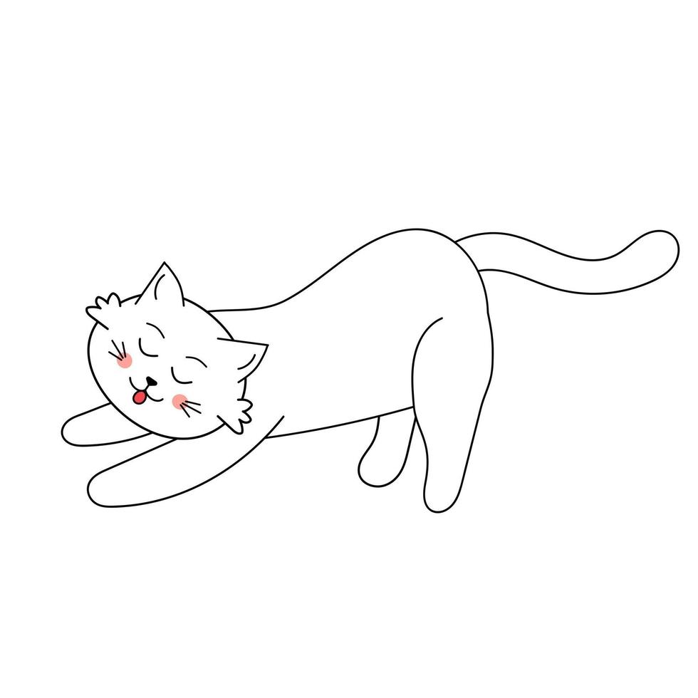 lindo gato blanco estiró sus patas y arqueó su espalda. vector