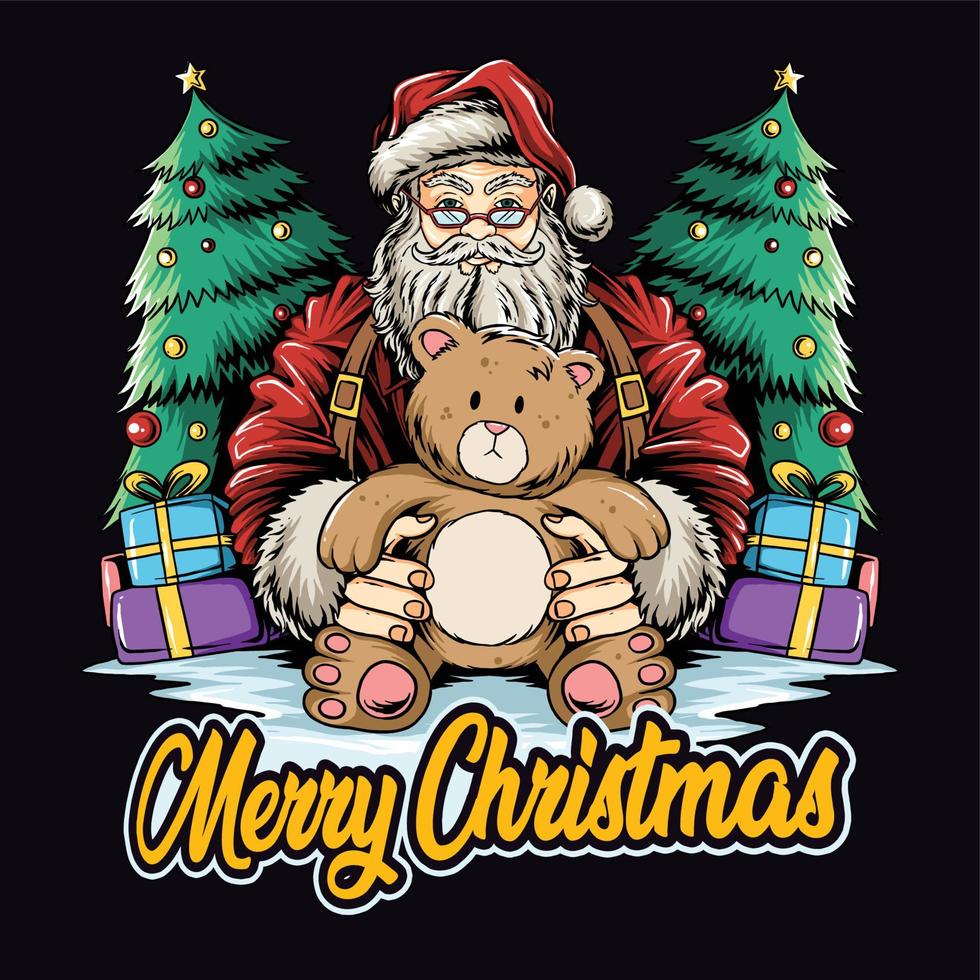 christmas santa claus holding a teddy bear as a children's gift on christmas eve vector