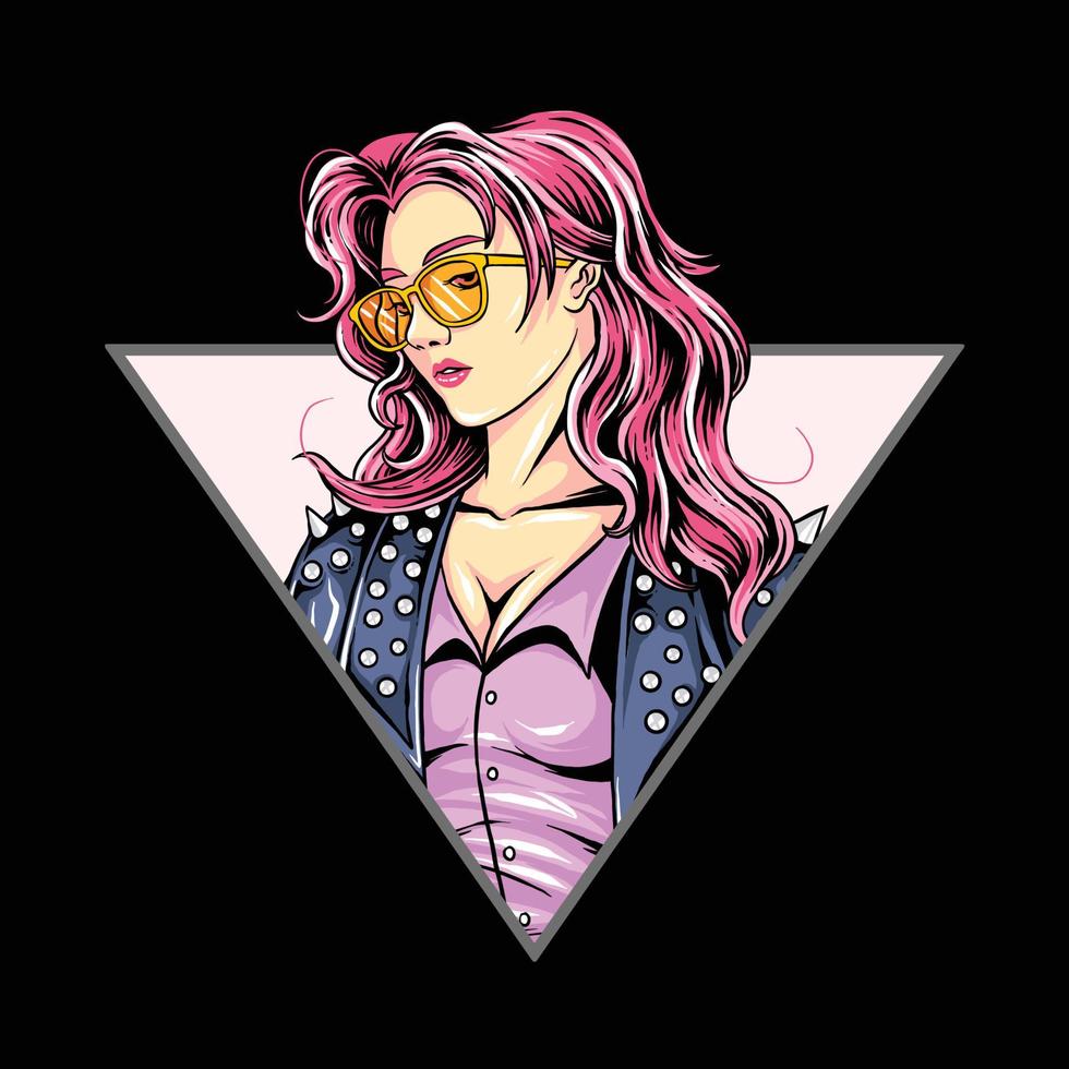 chica rockera de pelo rosa con chaqueta punk rock se ve muy hermosa y sexy con sus gafas de sol vector