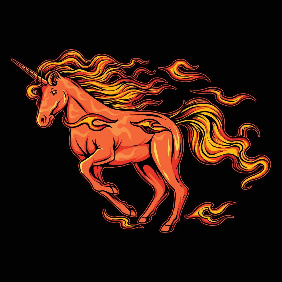 unicornio de fuego con cuernos y cabello humeante y fuego ardiente corriendo rápido como un rayo vector