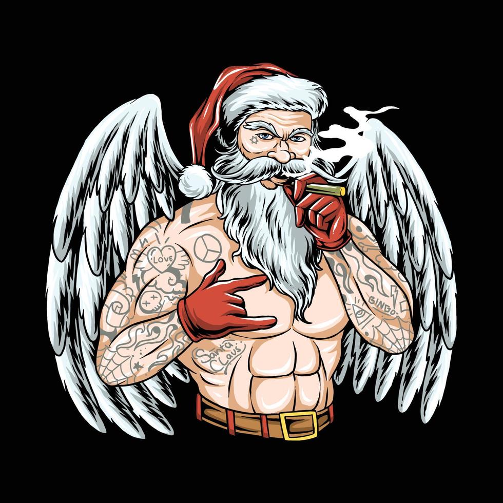 santa claus navidad con alas de angel y tatuajes fumando vector