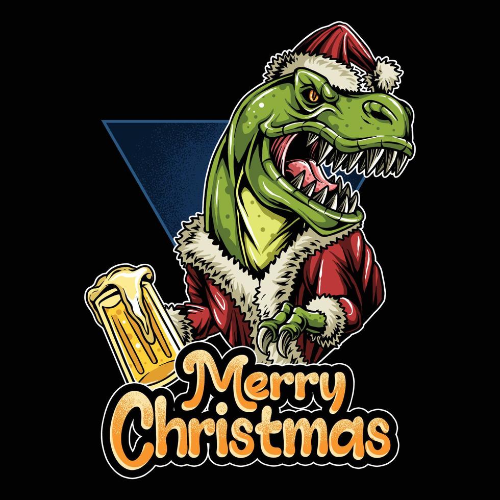 christmas t-rex santa claus dinosaur bringing a glass of beer and partying vector