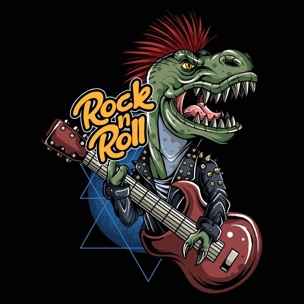 punk t-rex dinosaur in rocker jacket playing guitar vector