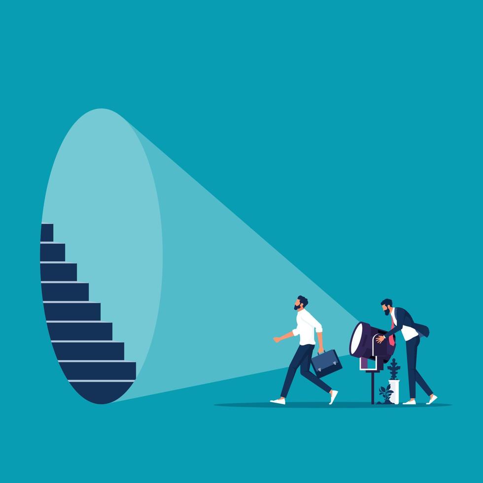 Businessman holding spotlight uncovering hidden stairs for partner walking forward businessman vector illustration, Uncovering business strategy and career concept