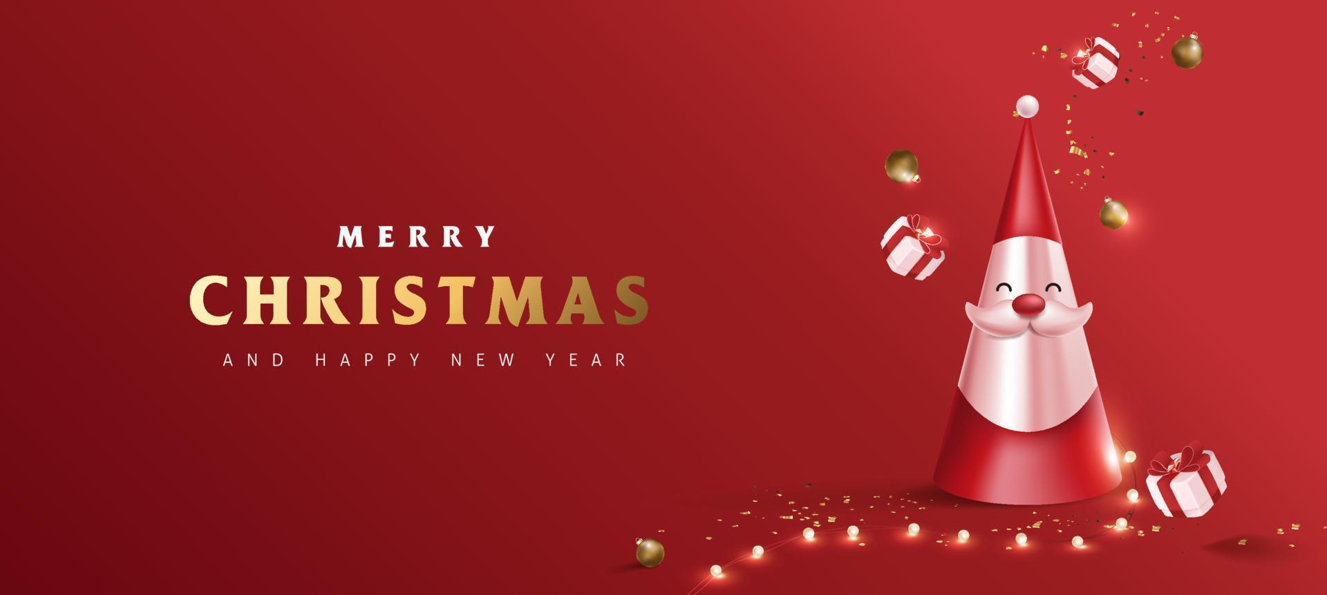 Christmas banner decorate with santa claus and gift box fairy Light on red background vector