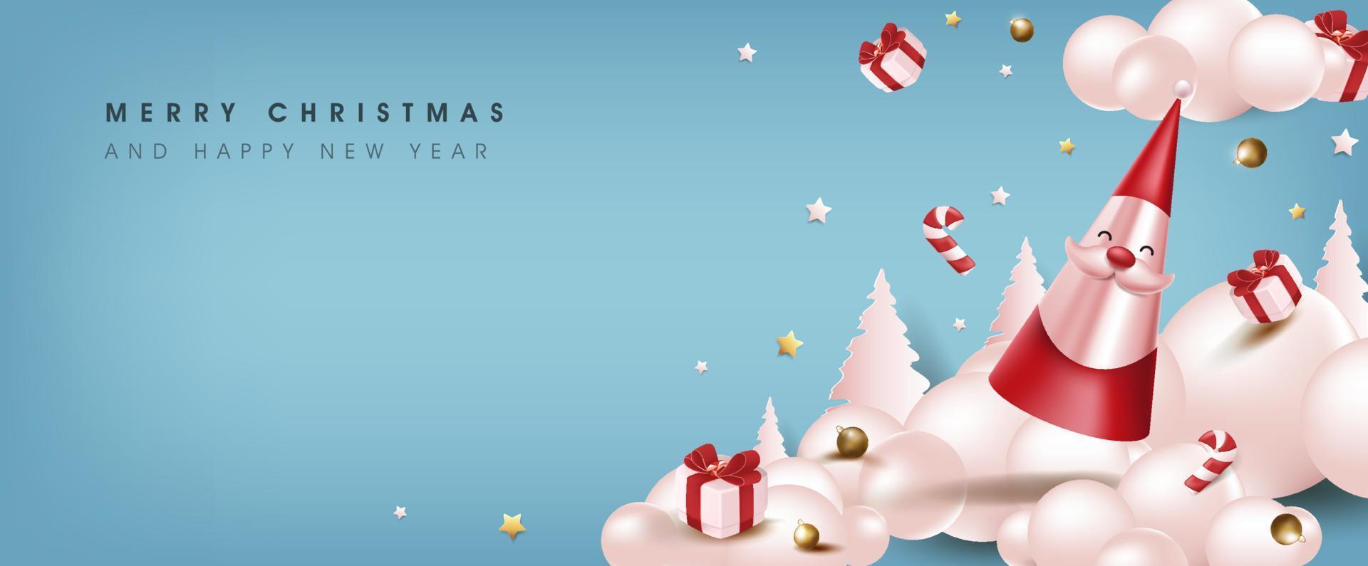 Merry Christmas and happy new year poster banner with santa claus and festive decoration vector