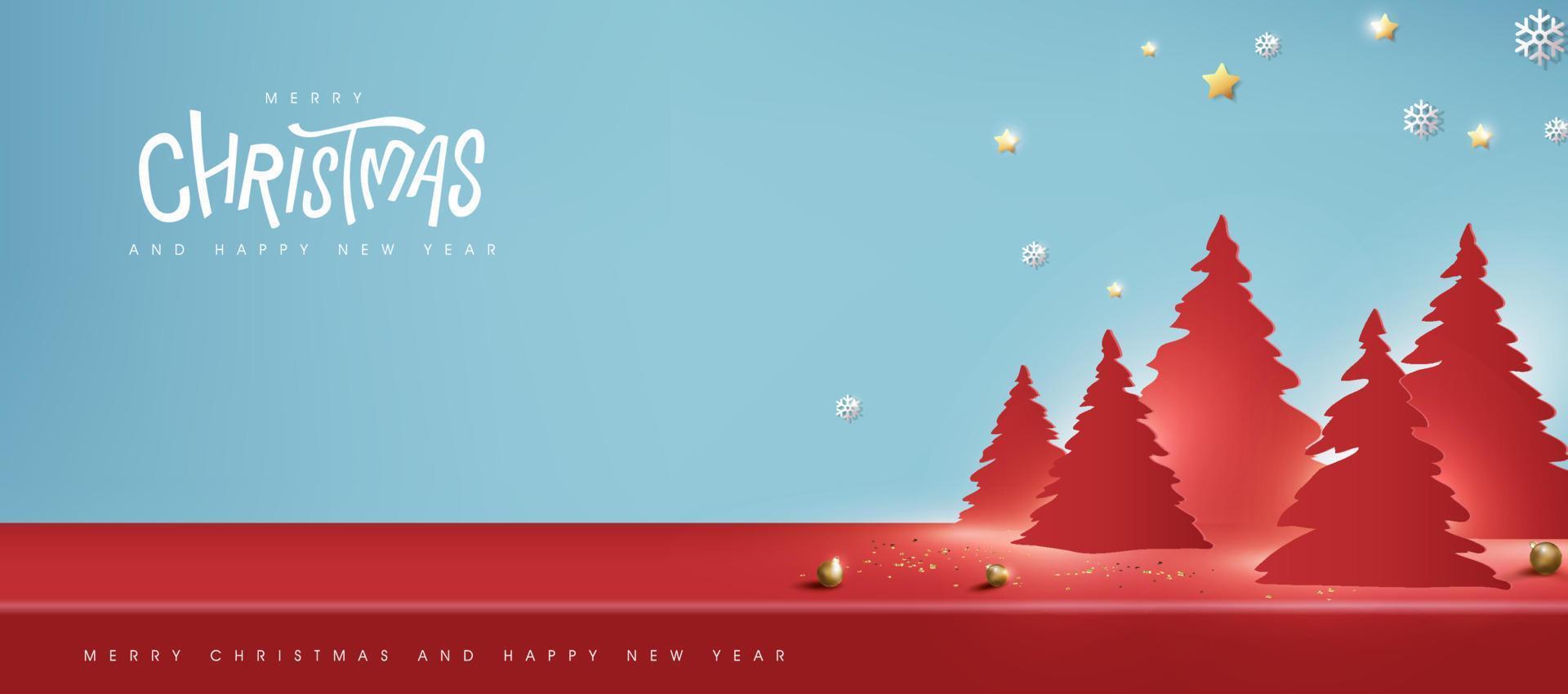 Merry Christmas banner with product display cylindrical shape and christmas tree paper cut style vector