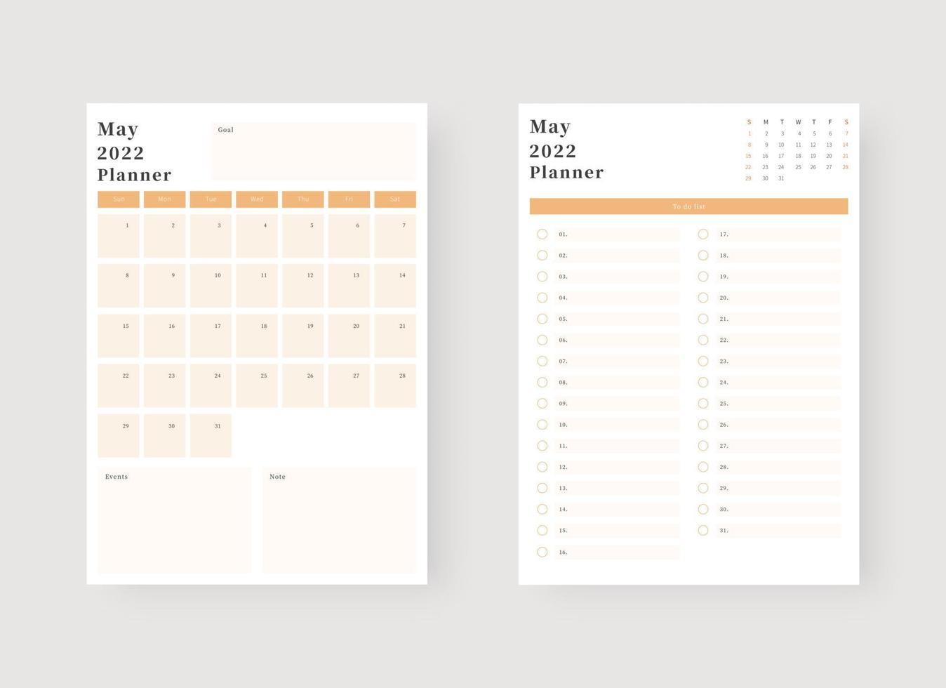 May 2022 planner template set. Set of planner and to do list. Monthly, weekly, daily planner template. Vector illustration.