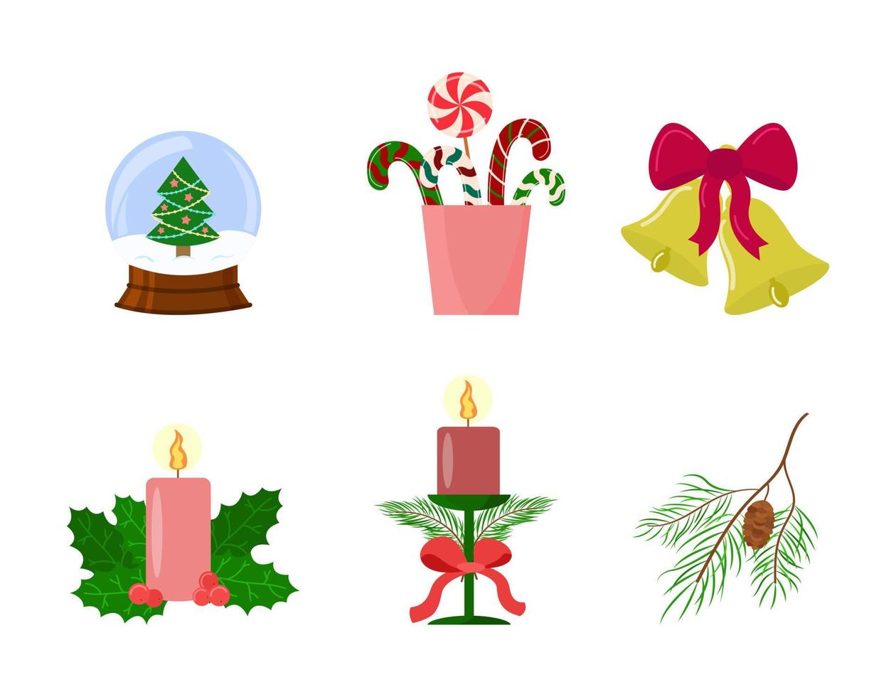 Christmas decor design set. Candles, snowglobe, candies, bells isolated. Vector elements collection