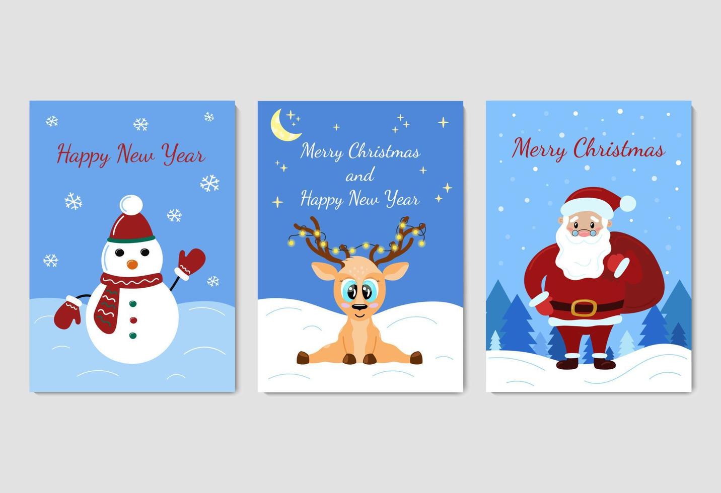 tarjetas de felicitación de navidad. conjunto de vectores. ciervos de dibujos animados lindo, santa claus y muñeco de nieve en la nieve y sonriendo. texto feliz navidad y próspero año nuevo. colección de tarjetas navideñas vector