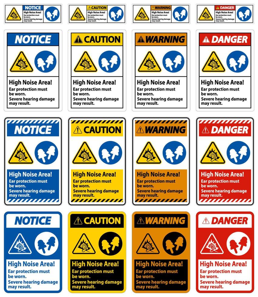 Warning Sign High Noise Area Ear Protection Must Be Worn, Severe Hearing Damage May Result vector