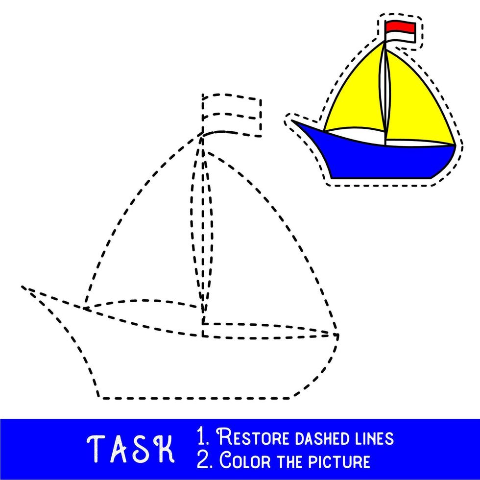 Drawing worksheet for preschool kids with easy gaming level of difficulty, simple educational game for kids one line tracing of Boat. vector