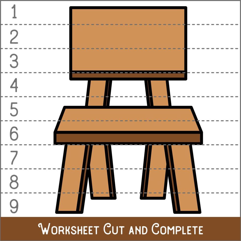 hoja de cálculo. juego para niños, niños. acertijos matemáticos. cortar y completar. aprender matemáticas. silla. vector