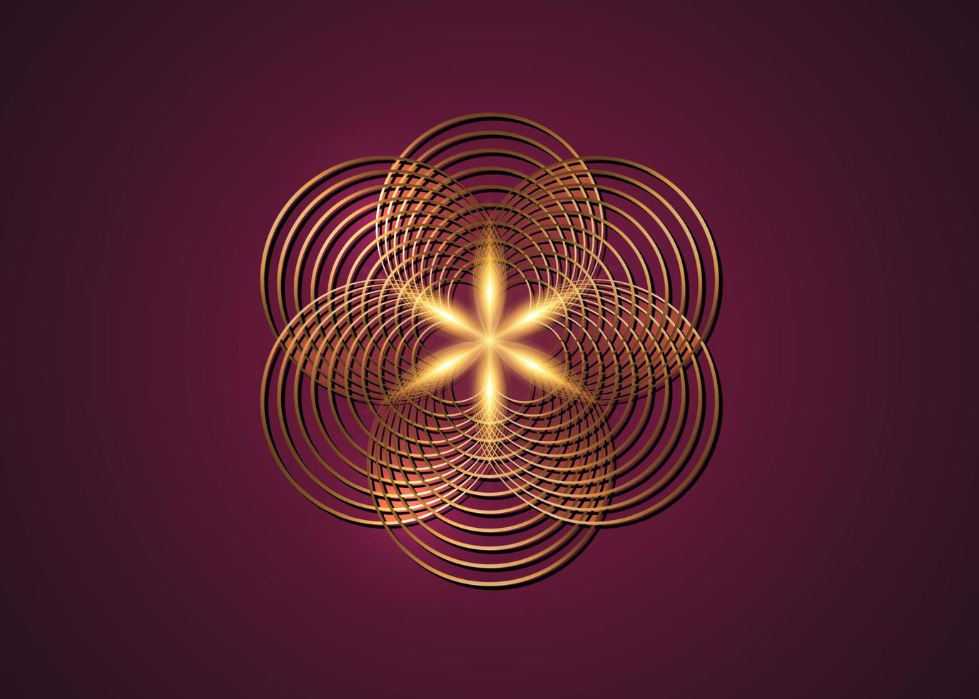 semilla de vida símbolo geometría sagrada. icono del logotipo de oro mandala místico geométrico de la alquimia flor esotérica de la vida. Círculos de oro entrelazados, amuleto meditativo divino vector aislado sobre fondo púrpura