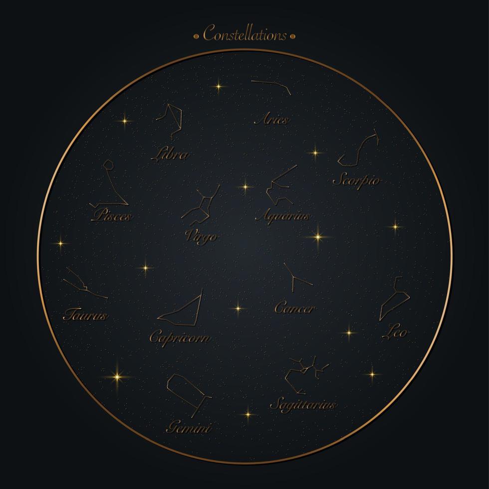 Rueda del zodíaco de constelaciones conjunto de signos, ilustración vectorial. símbolos astrológicos con efecto degradado dorado. estrellas en el fondo del mapa del cielo nocturno. espacio con galaxia de estrellas brillantes y brillantes, marco redondo vector