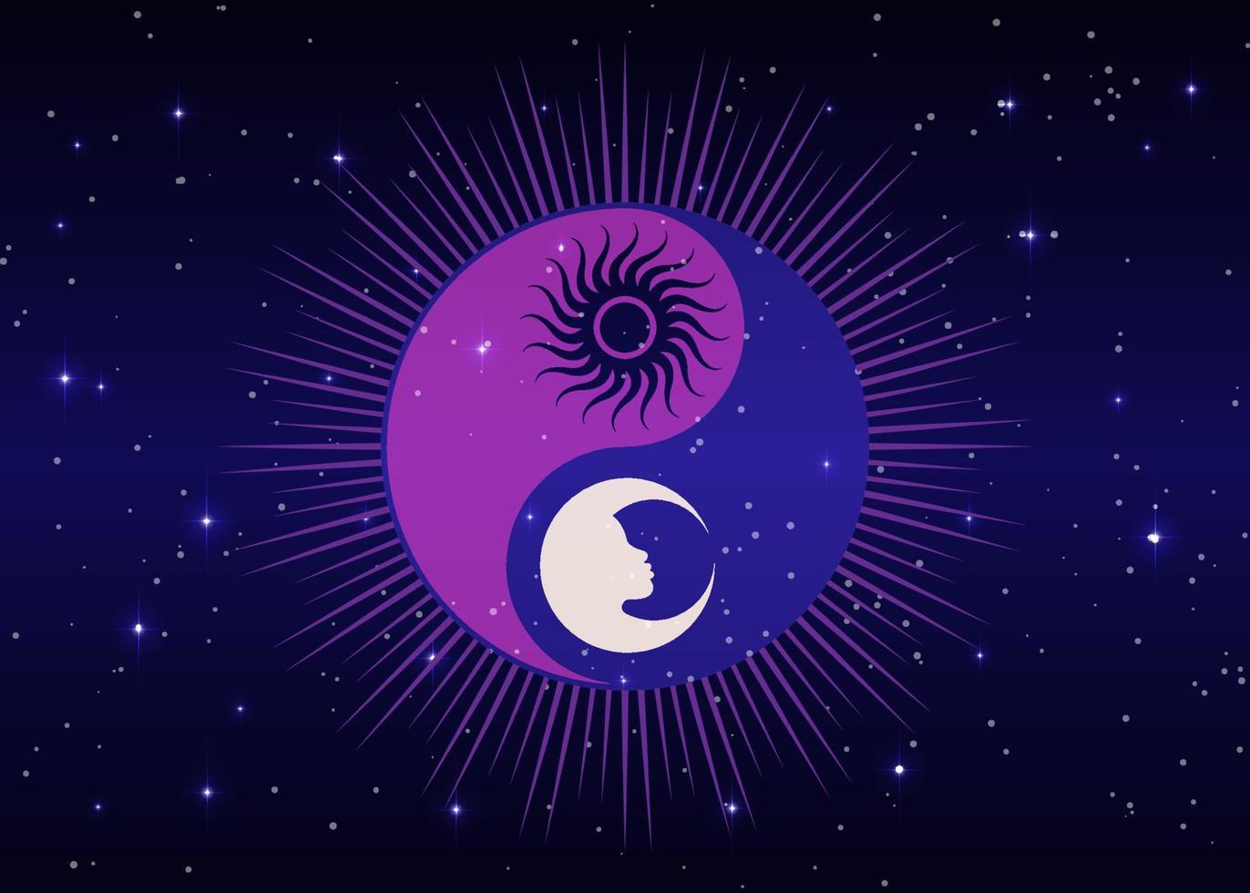 Mystical sun and moon sacred logo design, day and night. Zen symbol. Ying yang sign of harmony and balance. Colorful Vector Illustration isolated on starry blue galaxy background