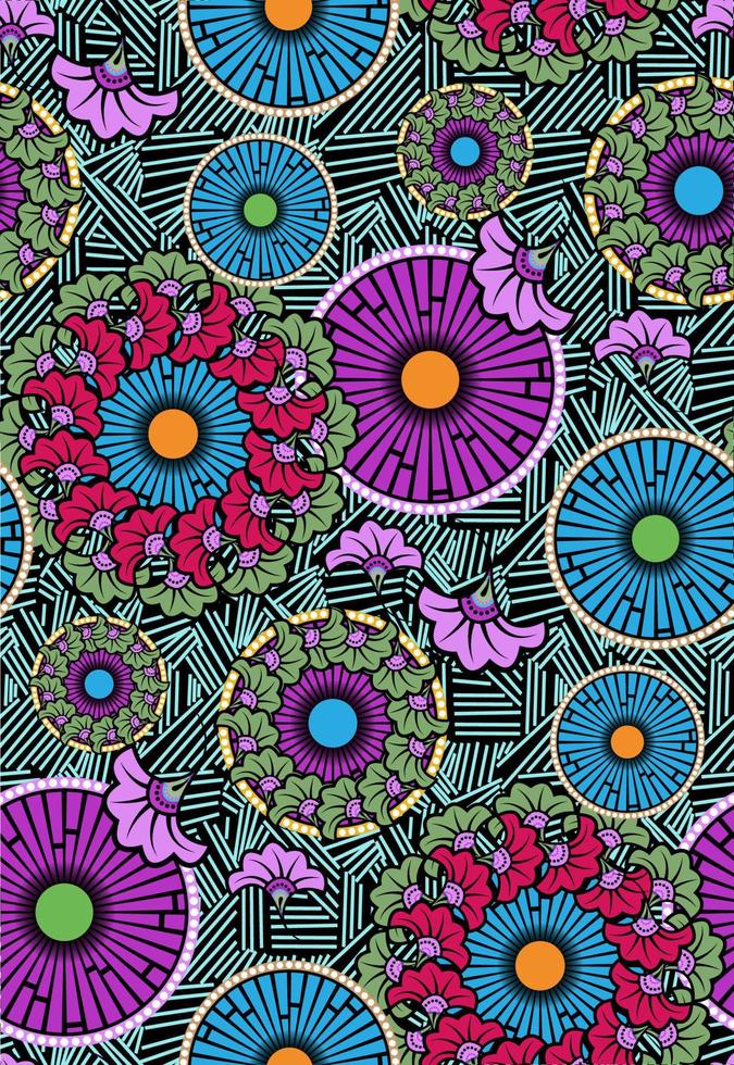 Seamless African Wax Print fabric, Ethnic handmade ornament fashion design, Afro Ethnic flowers and tribal motifs geometric elements. Vector colorful texture, Africa textile Ankara style background