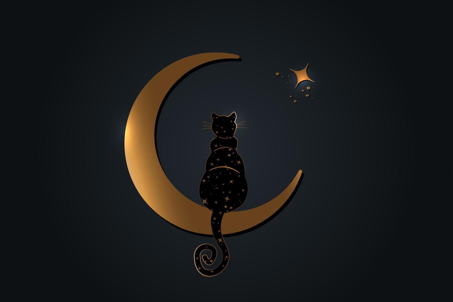 gato negro sentado en la luna creciente, mira las estrellas. símbolo wicca dorado, estilo boho. ilustración vectorial aislado sobre fondo negro vector