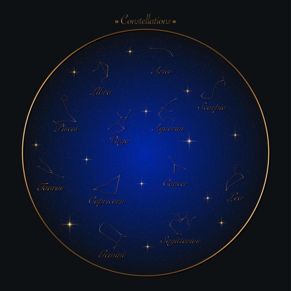 Rueda del zodíaco de constelaciones conjunto de signos, ilustración vectorial. símbolos astrológicos con efecto degradado dorado. estrellas en el fondo del mapa del cielo nocturno. espacio con galaxia de estrellas brillantes y brillantes, marco redondo vector