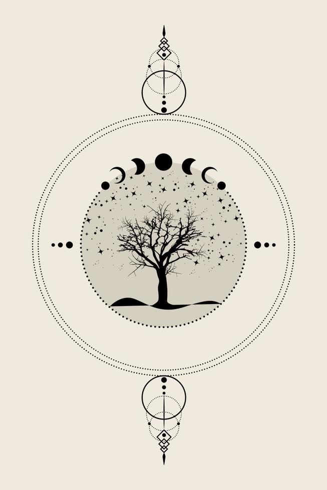 Sacred tree. Hand drawn Mystical Moon Phases, tree of life, Sacred geometry. Wicca banner old sign, energy circle, boho style vector isolated on vintage background