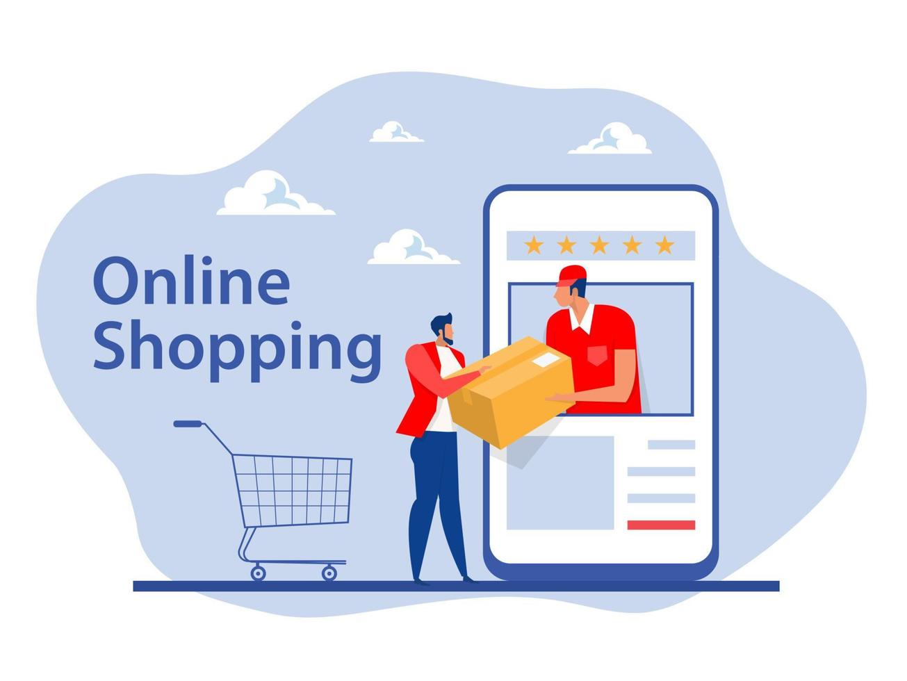 Man shopping online with Delivery mans hands giving cardboard package to another hand. Delivery concept. Flat style vector