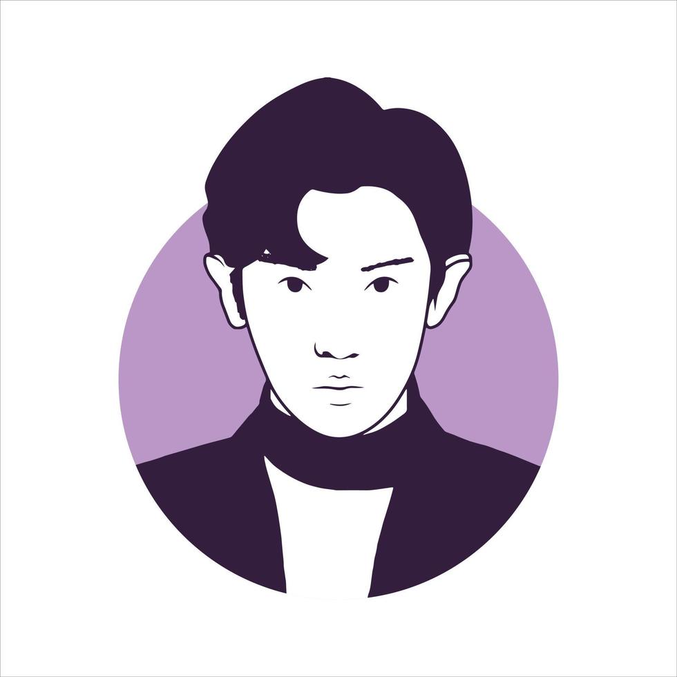 portrait of asian man in circle frame with purple color. vector