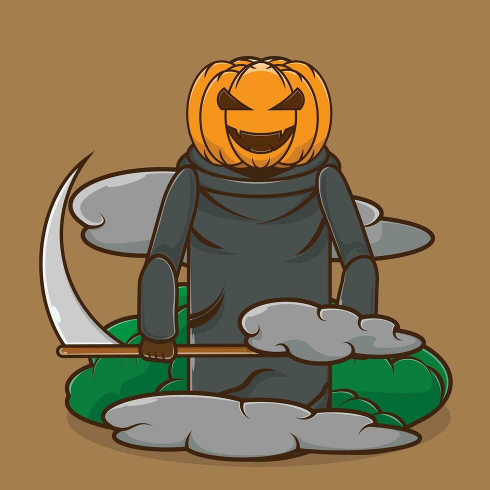 Vector illustration of spooky Jack O Lantern icon carrying a scythe during foggy time. The cloaked Jack O Lantern. Premium icon scary halloween character concept. Flat cartoon style