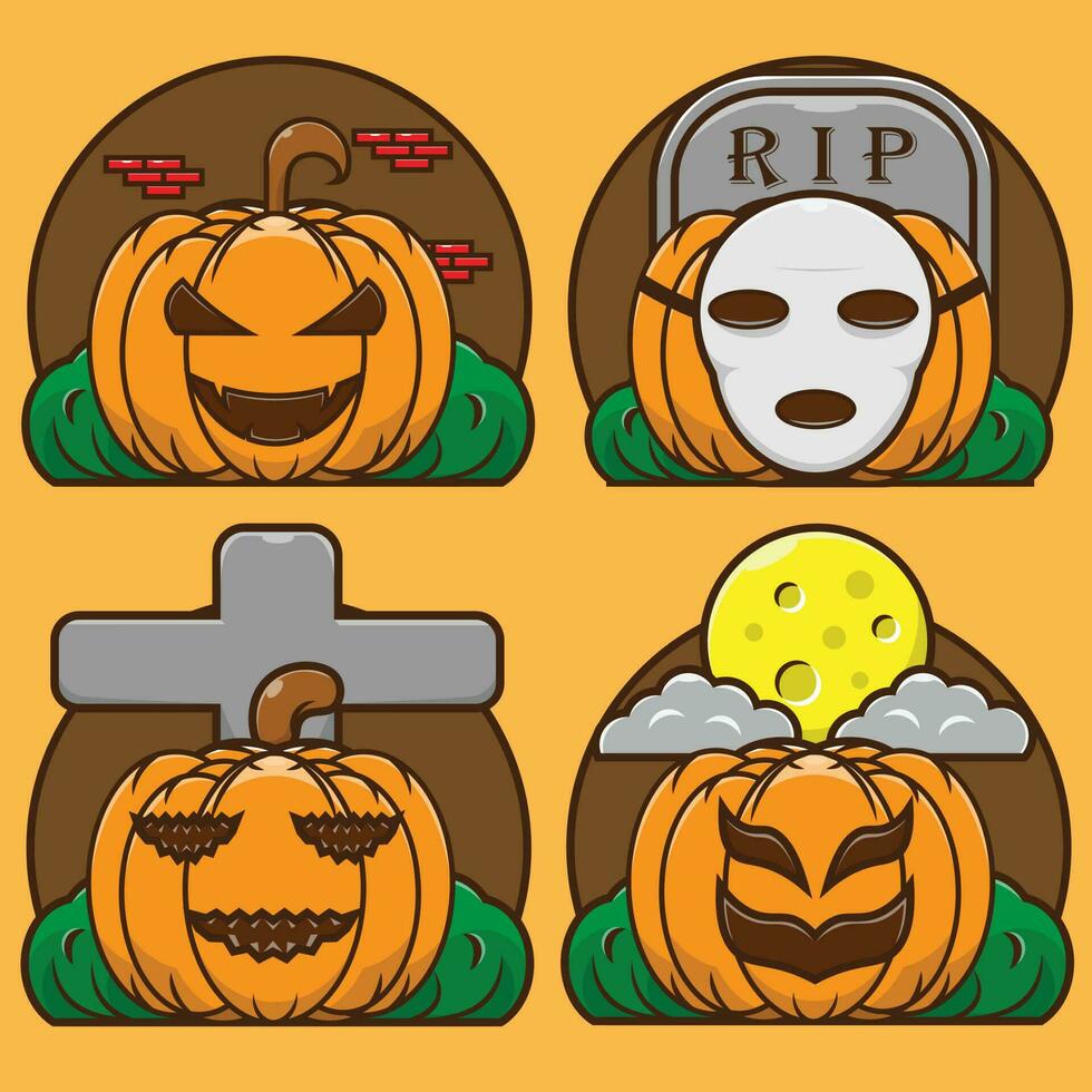 A collection of scary looking pumpkin fruit icon vector illustrations. Jack O Lantern's face . Premium icon halloween character concept. Flat cartoon style  T Dari Thikumura