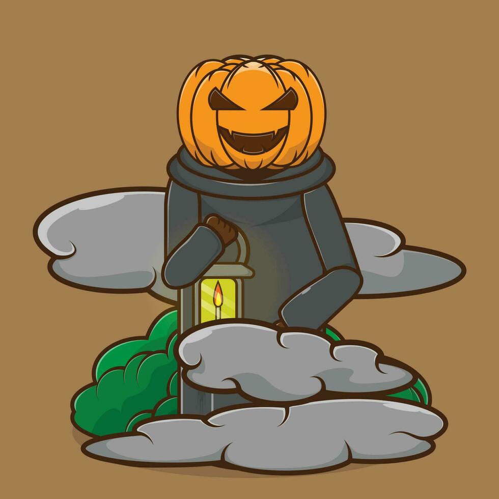 Vector illustration of the Jack O Lantern icon carrying a lantern when it's foggy. the face of the cloaked Jack O Lantern. Premium icon scary halloween character concept. Flat cartoon style
