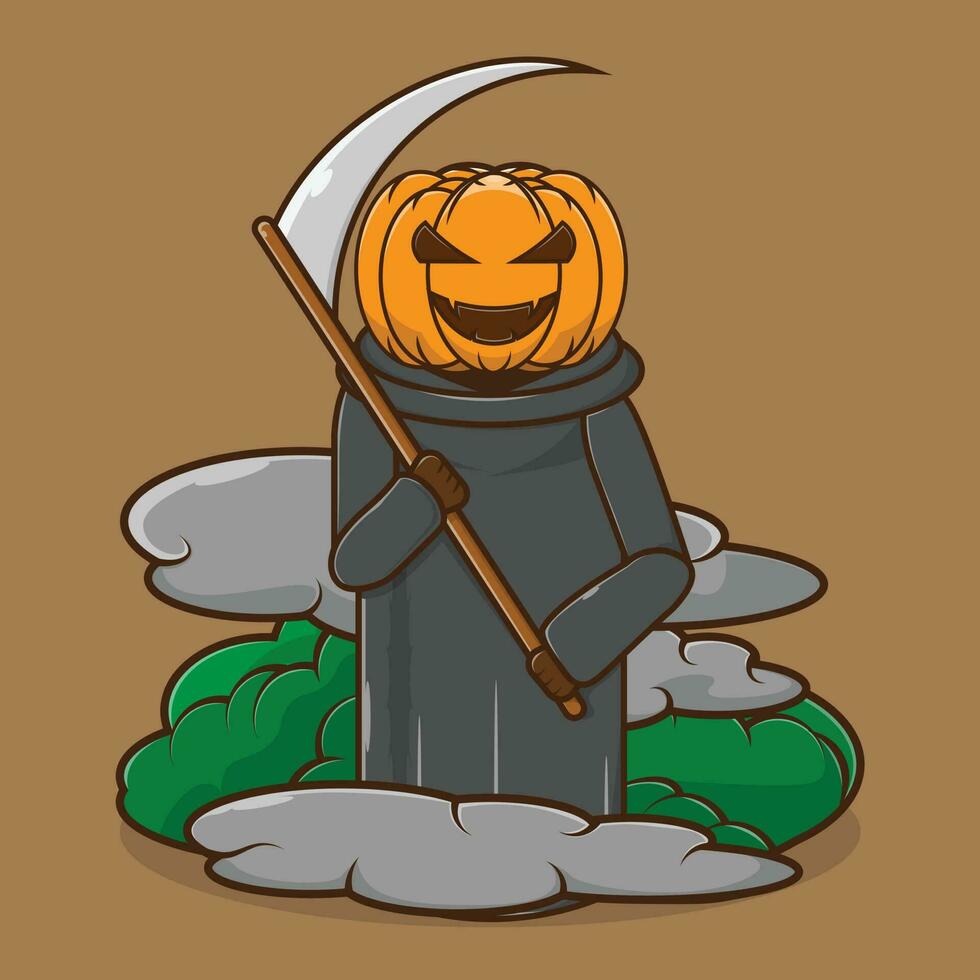 Vector illustration of spooky Jack O Lantern icon carrying a scythe during foggy time. The cloaked Jack O Lantern. Premium icon scary halloween character concept. Flat cartoon style