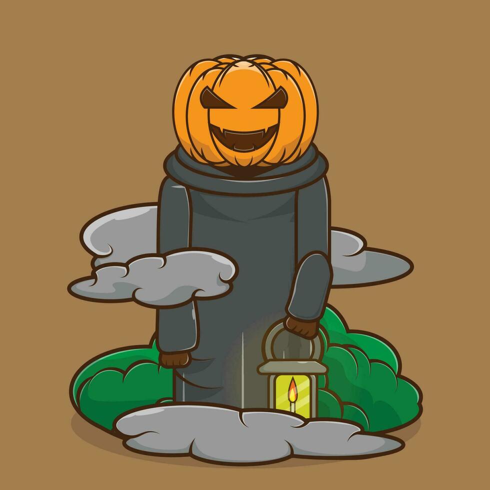 Vector illustration of the Jack O Lantern icon carrying a lantern when it's foggy. the face of the cloaked Jack O Lantern. Premium icon scary halloween character concept. Flat cartoon style