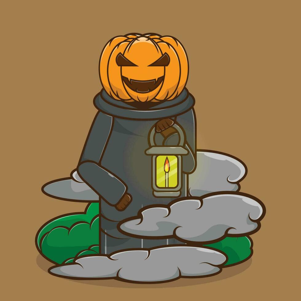 Vector illustration of the spooky Jack O Lantern icon carrying a lantern when it's foggy. the face of the cloaked Jack O Lantern. Premium icon scary halloween character concept. Flat cartoon style