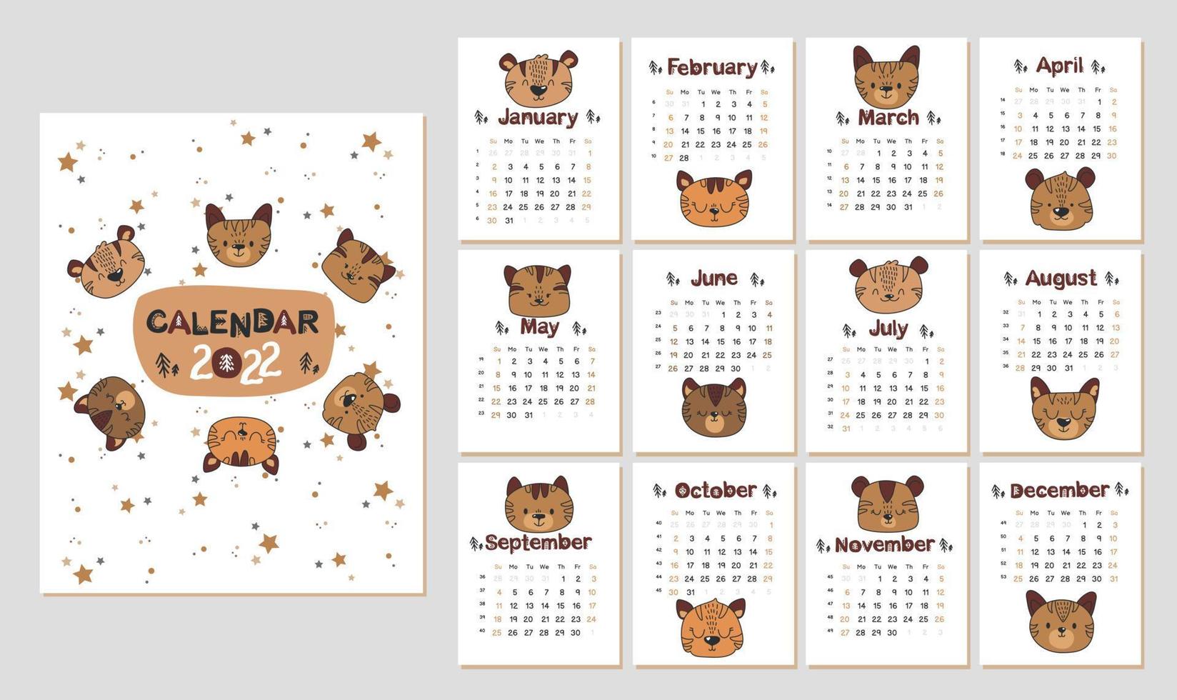 Calendar design 2022. Funny and cute calendar with hand drawn tigers and scandinavian symbols. Vector muzzles of tigers, symbol of 2022. Calendar for kids