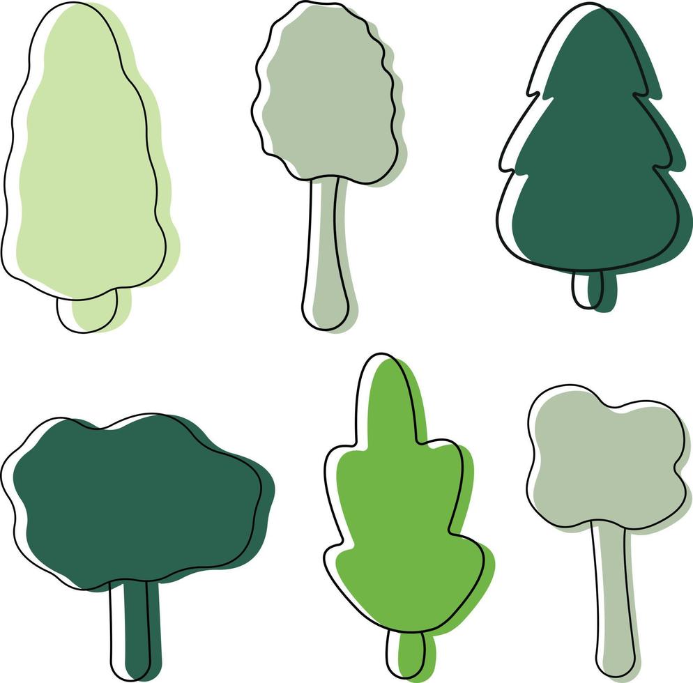 Set of green forest trees. Doodle style vector