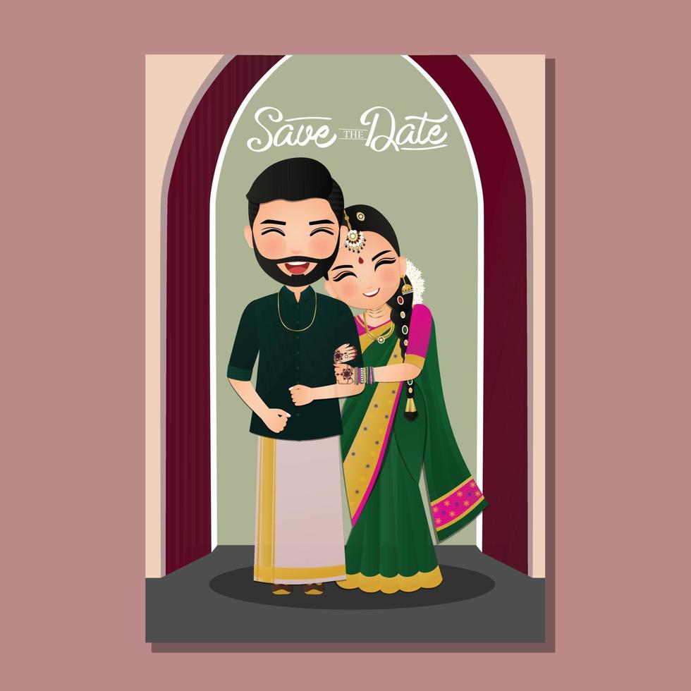 Wedding invitation card the bride and groom cute couple in traditional indian dress cartoon character. Vector illustration