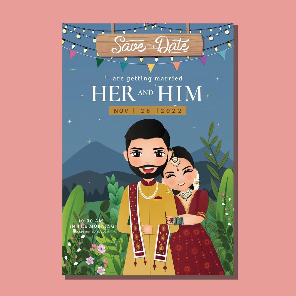 Wedding invitation card the bride and groom cute couple in traditional indian dress cartoon character. Vector illustration