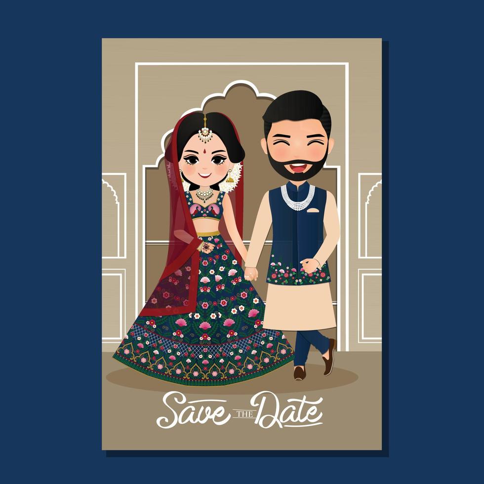 Wedding invitation card the bride and groom cute couple in traditional  indian dress cartoon character. Vector illustration 4293127 Vector Art at  Vecteezy
