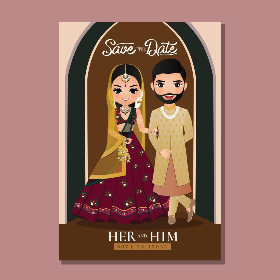 Wedding invitation card the bride and groom cute couple in traditional indian dress cartoon character. Vector illustration