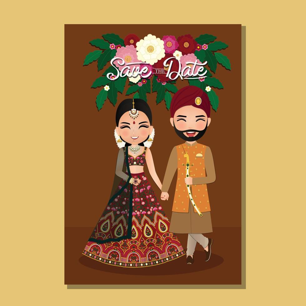 Wedding invitation card the bride and groom cute couple in traditional indian dress cartoon character. Vector illustration