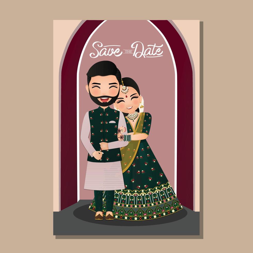 tarjeta de invitación de boda la novia y el novio linda pareja en el personaje de dibujos animados tradicional vestido indio. ilustración vectorial vector