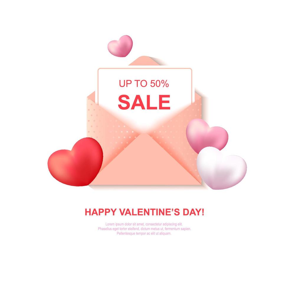 Valentines Day sale label with cute pink envelope and hearts. vector