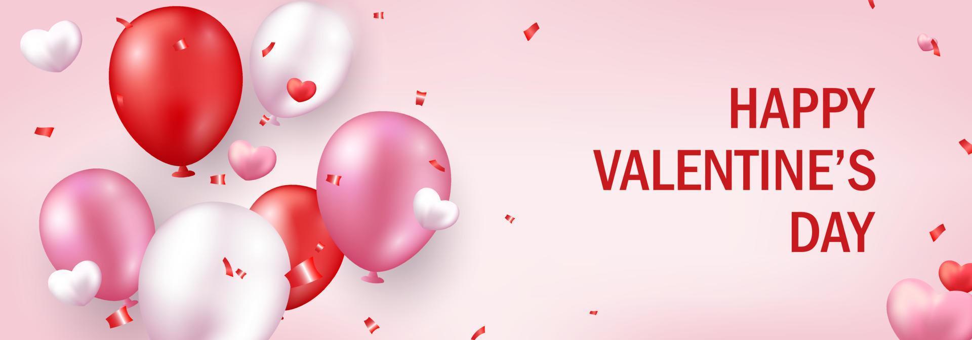 Valentines Day banner. Romantic design with realistic festive objects, realistic balloons, hearts, glitter confetti. Festive Horizontal poster vector