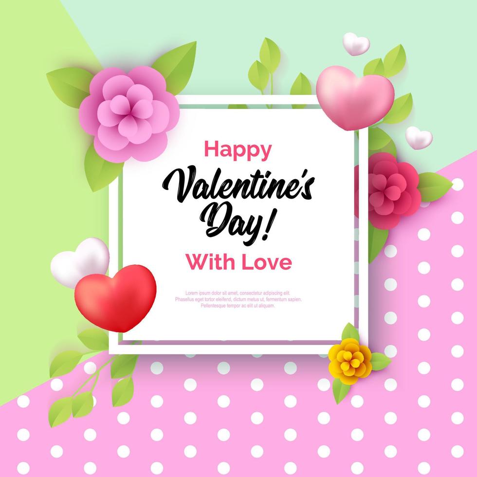 Valentines Day banner. Romantic design with realistic hearts and paper cut flowers on colorful background. vector