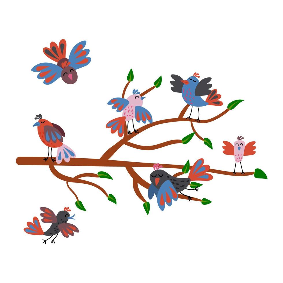 Cute birds on tree branch. Flying and standing on the tree spring birds. vector