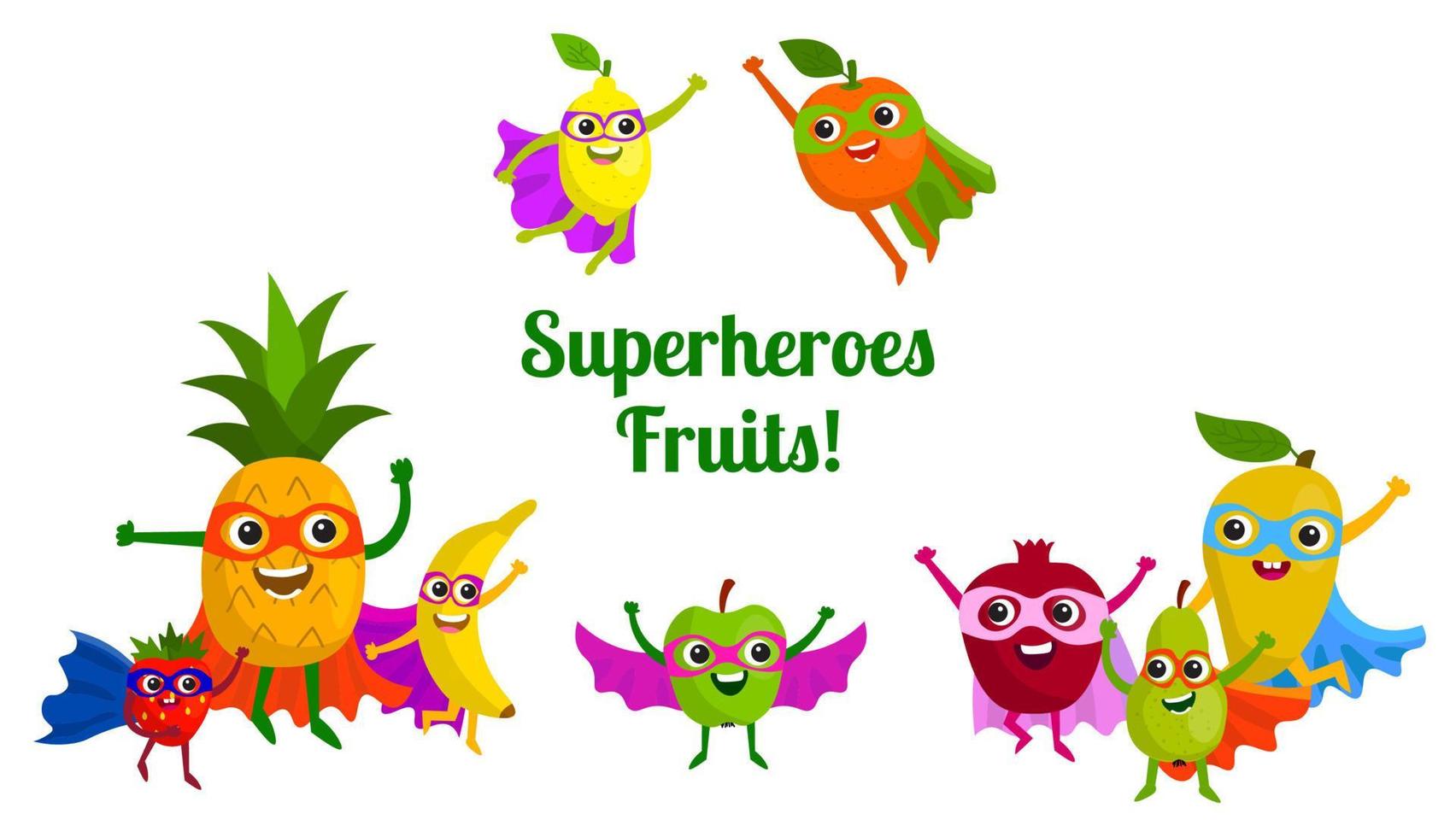 Cute happy superheroes fruits with masks and cloaks. Card with fruits characters. vector